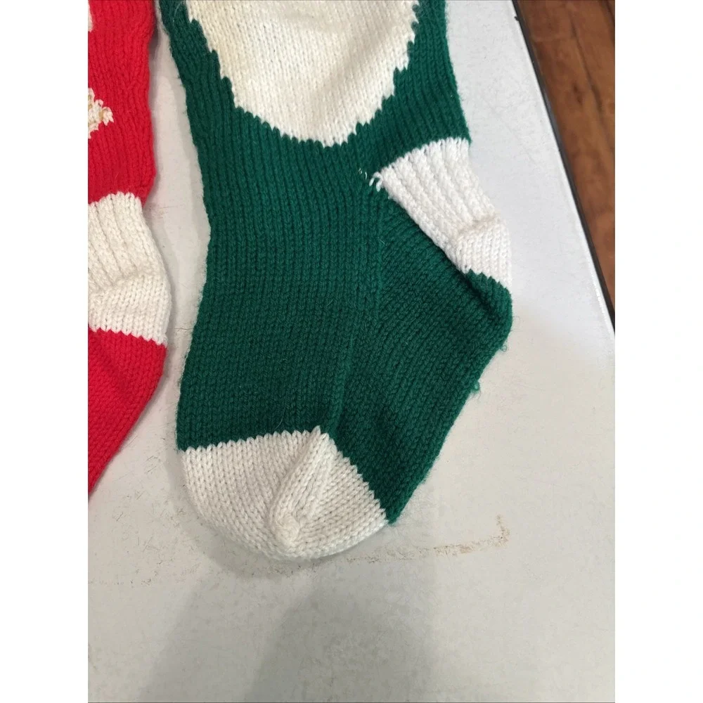 Hand Knit CHRISTMAS Stockings SANTA 3-D Holly and ANGEL‎ 3-D Wings XL 27